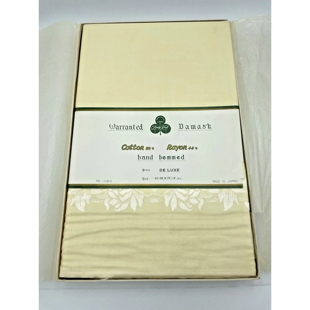 Vtg Beauty Kraft NOS Yellow Damask Table Cloth 64 x 84 & 8 Napkins  Gorgeous New